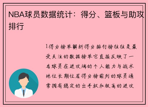 NBA球员数据统计：得分、篮板与助攻排行
